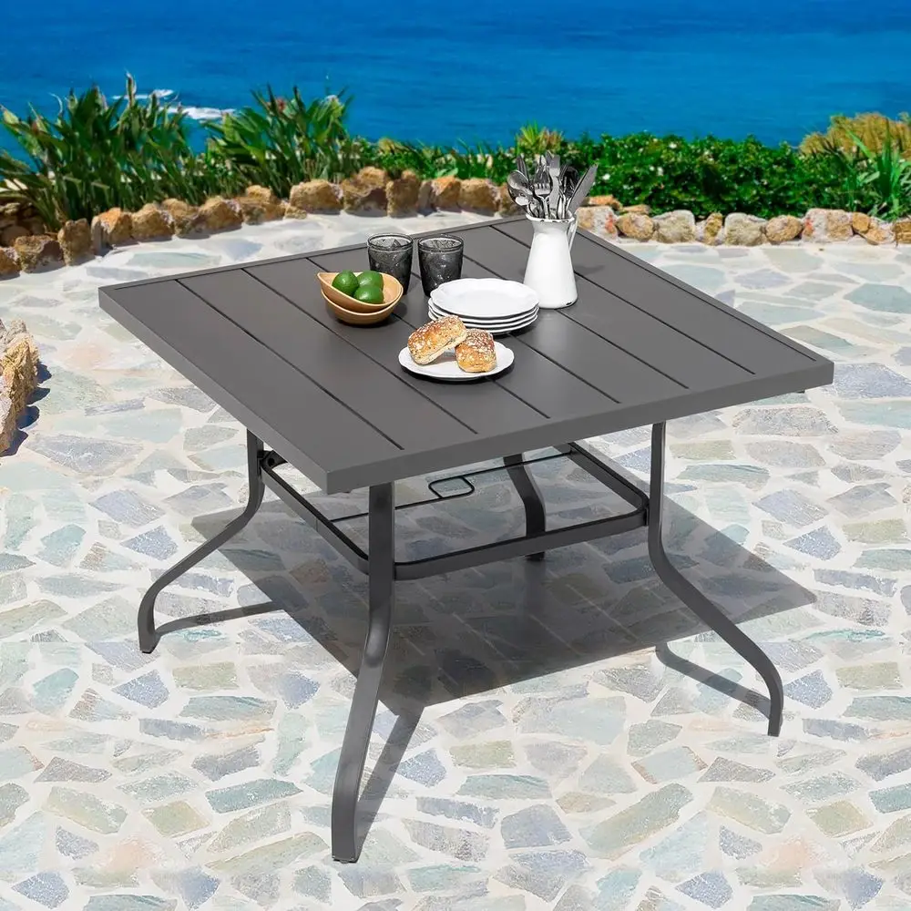

Gray 4-Person Square Steel Slat Outdoor Patio Dining Table with Umbrella Hole