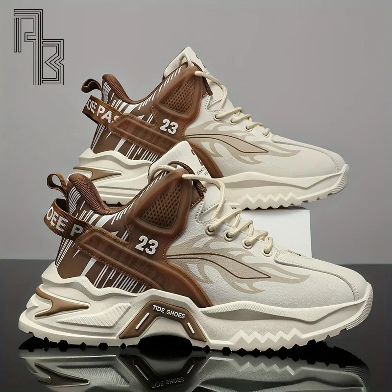 Men's New Autumn and Winter Shoes, High Cut Thick Soled Sports Shoes, Student Leather Running Basketball Shoes in Large Size