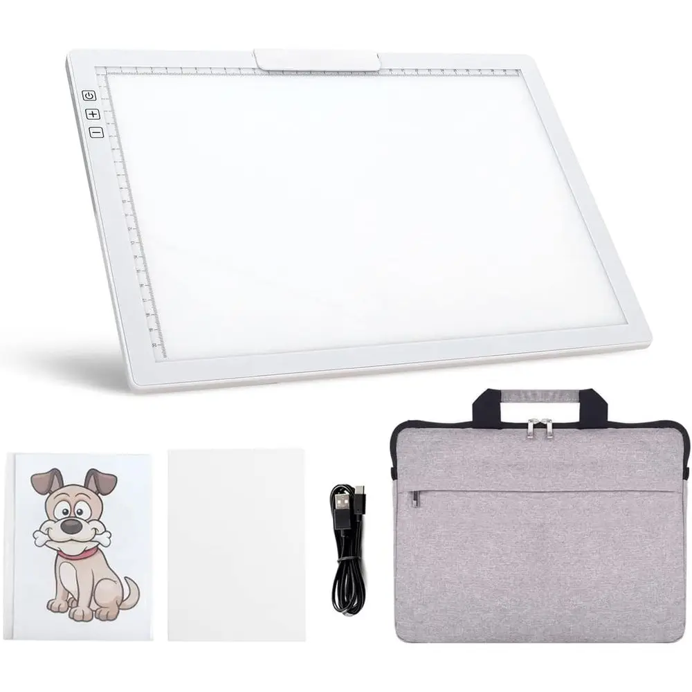 

A4 Rechargeable LED Light Pad with Cushioned Case, Tracing Box with Adjustable Stands and Paper Clamp, 6 Brightness Levels, USB-