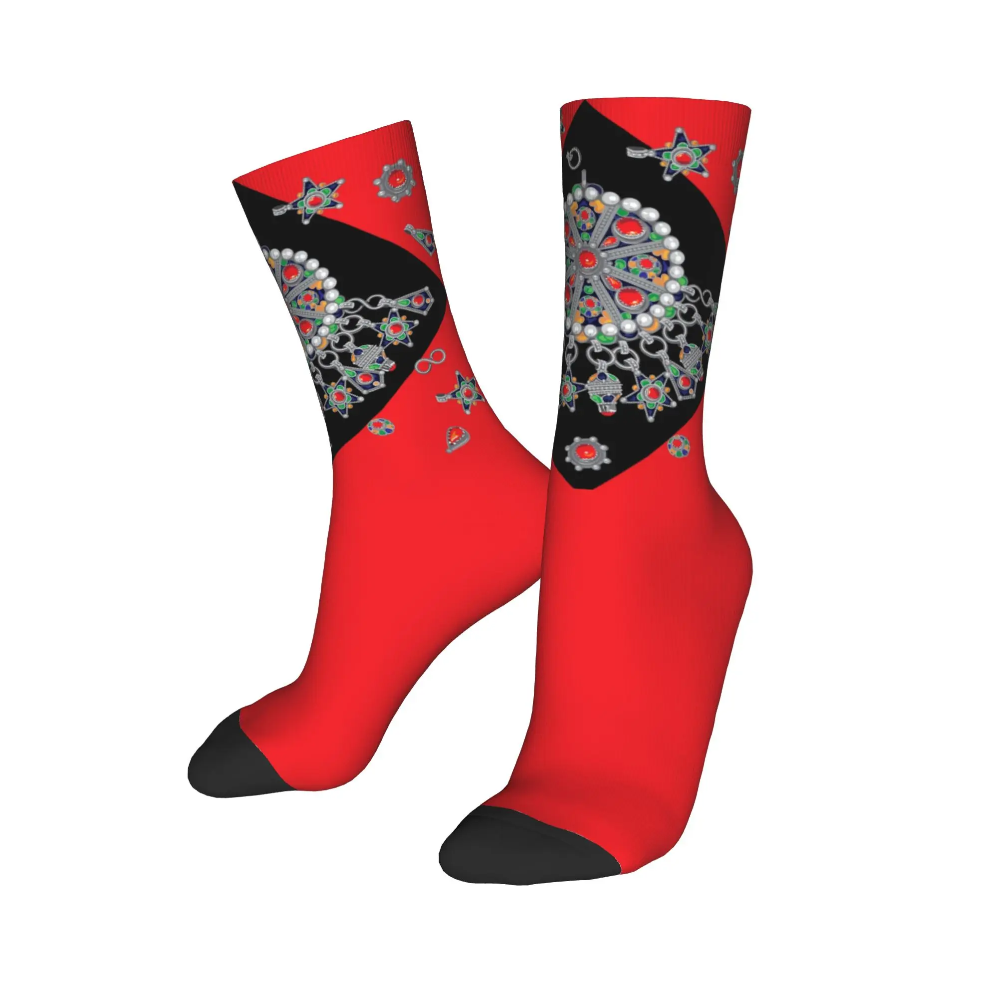 Custom Kabyle Jewelry Men Women Crew Socks Unisex Cute 3D Printed Amazigh Carpet Morocco Dress Socks view 3