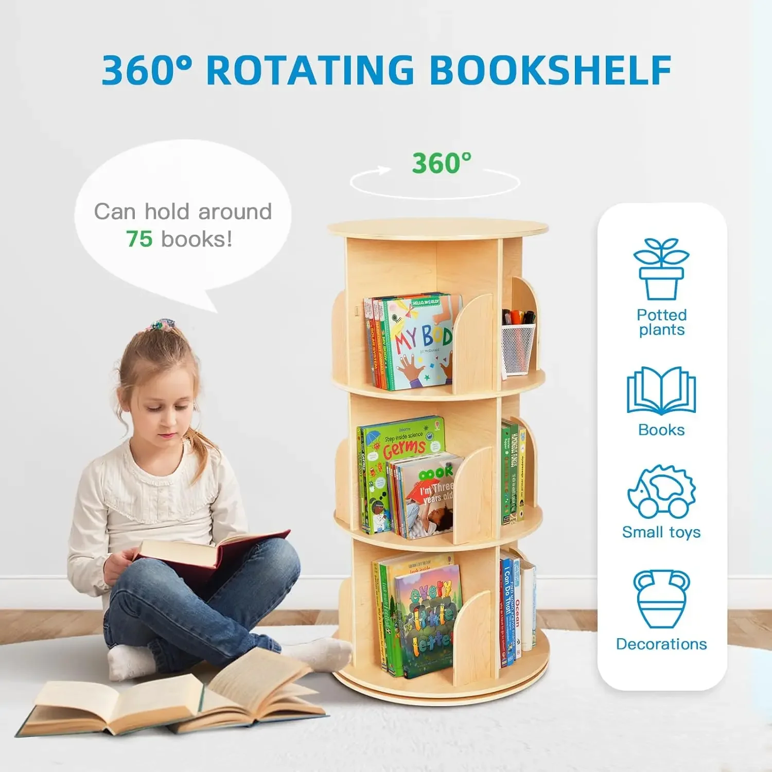 Rotating Bookshelf, Small Corner Bookshelf for Small Space, 360° Display 3 Tier Floor Standing Bookshelf Storage Rack, Wooden Na