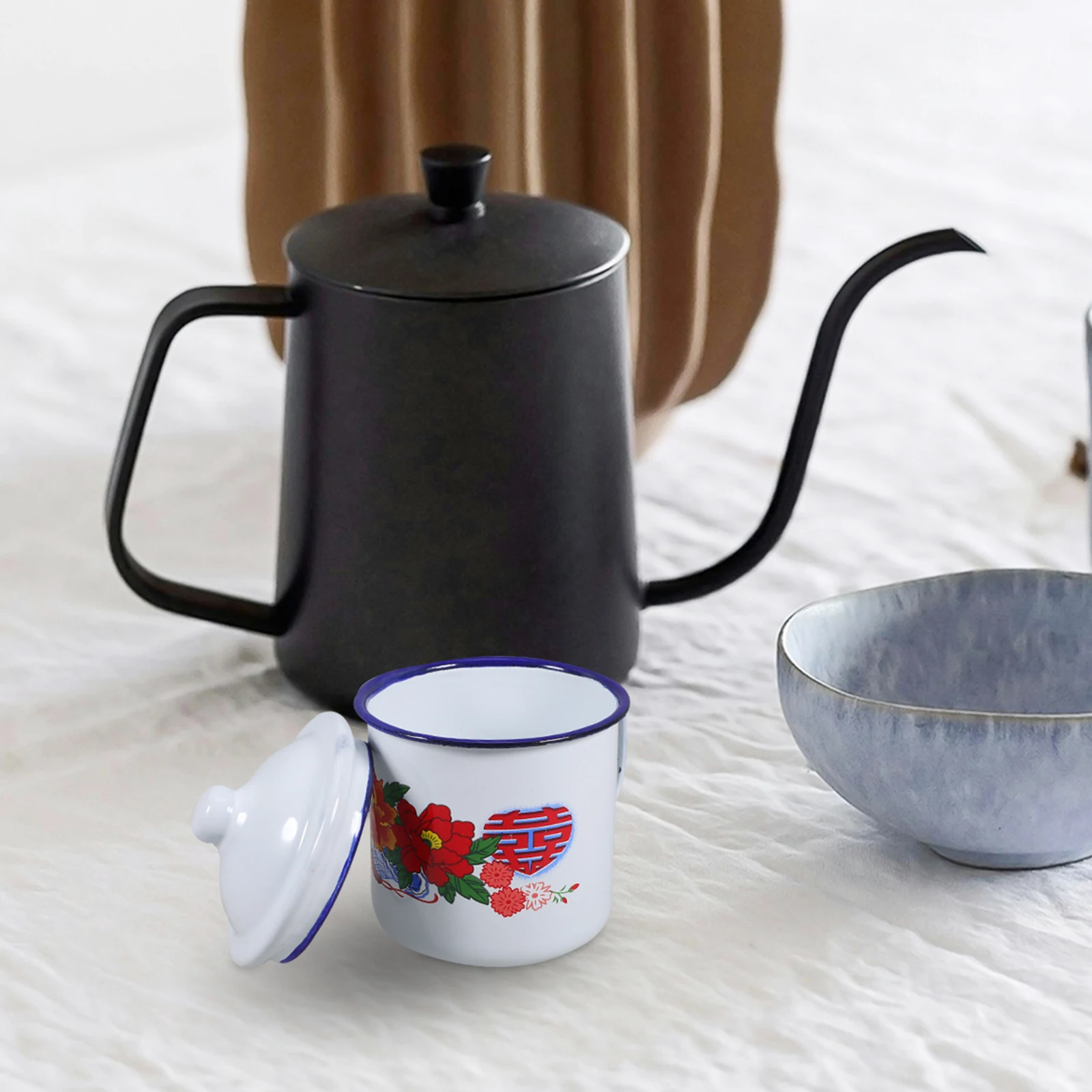 

2pcs Enamel Cup Mugs with Lid Household Tea Coffee Mug Anti Slip Handle Classic Design Chinese Style Mini