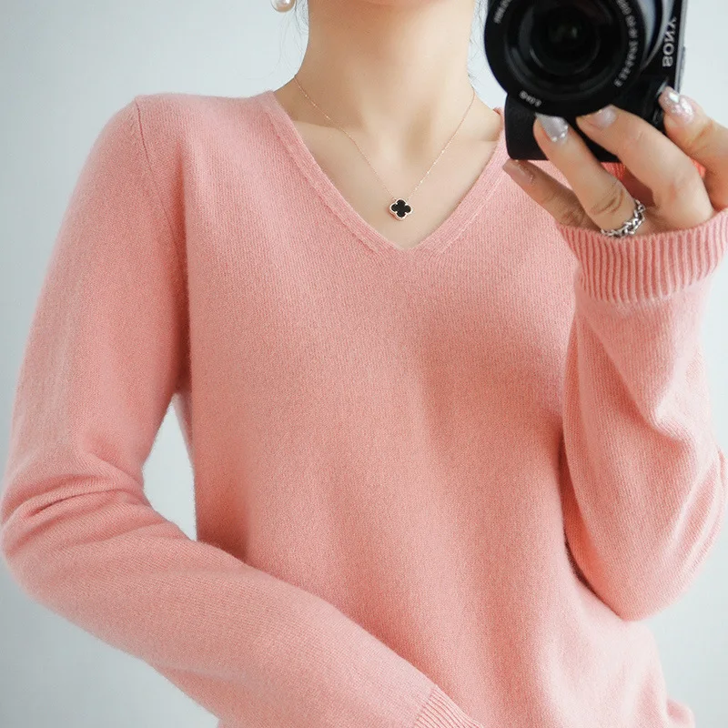 Women Sweater Autumn Winter Pullovers 2024 Long Sleeve V-neck Soft Knitwears Casual Slim Bottoming Shirt High Strecth Jumpers