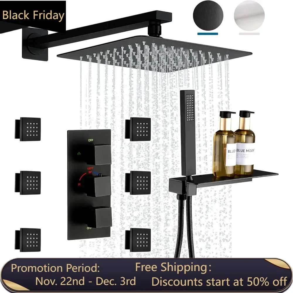 

Matte Black Bathroom Shower System, 12 Inch Thermostatic Bathroom Mixer Shower Faucet Set, Wall Mounted Rain Shower Head with