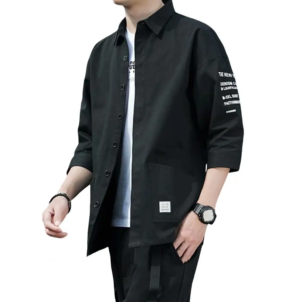 Japanese Style Casual Jacket Men Short-sleeved Shirt Men\'s Japanese Style Casual Cargo Shirt Coat with Turn-down Collar Three