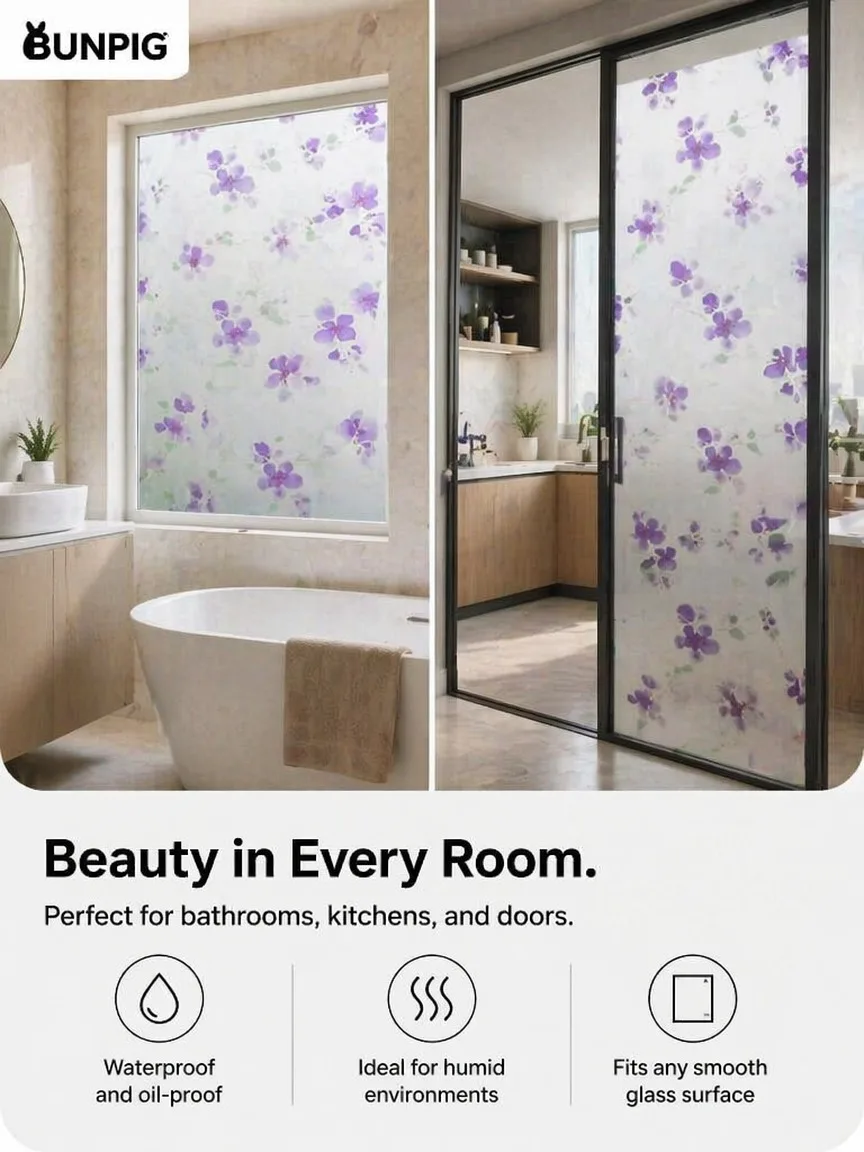 Frosted Privacy Window Film Self Adhesive Waterproof Removable for Bathroom Sliding Door Kitchen Glass