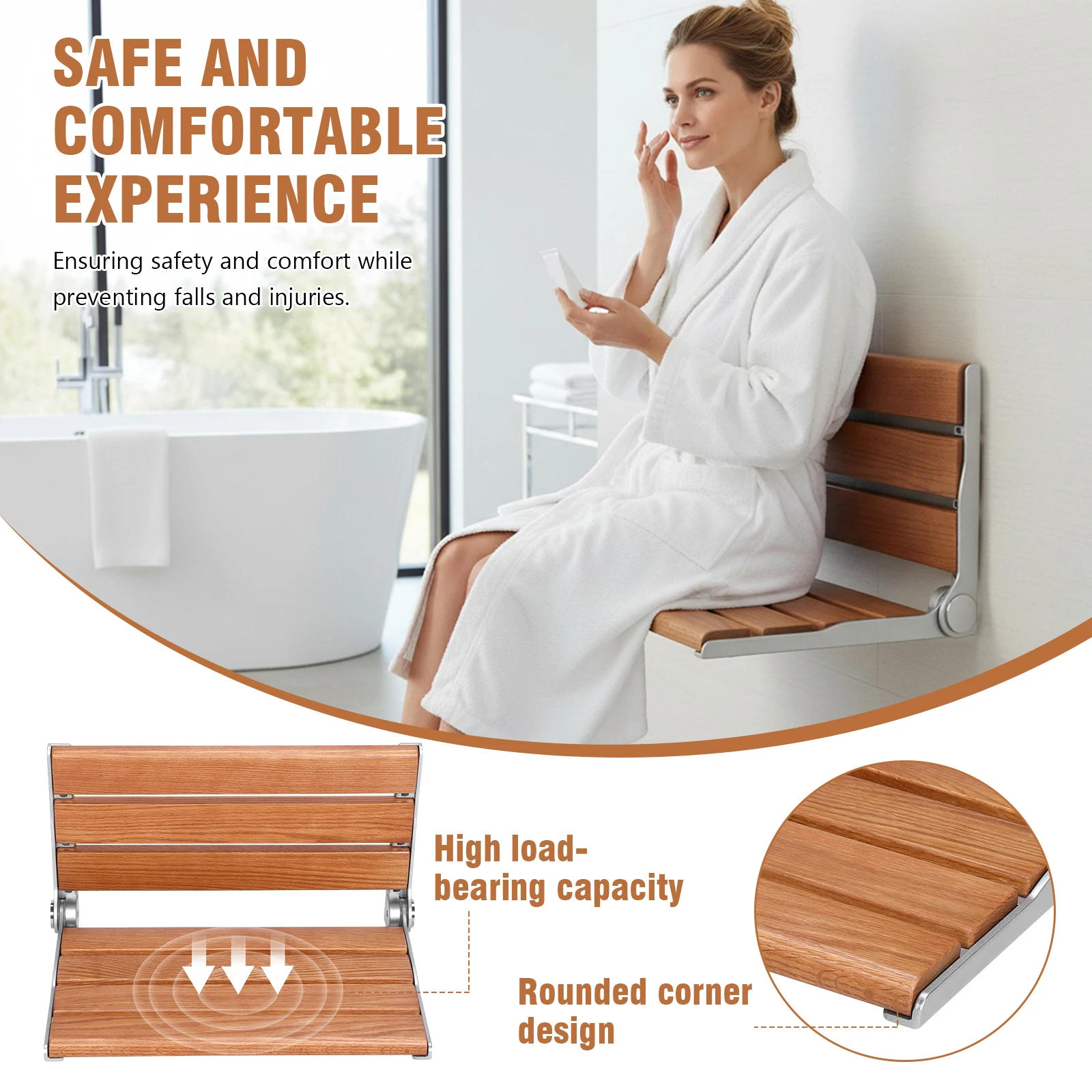 

17.7inch Wall Mount Foldable Chair with Back Wall-Mounted Fold Up Bathroom Stool Anti-Slip for Elderly Disabled Pregnant