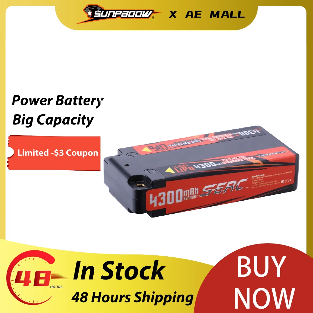 

Sunpadow 2S 7.4V Shorty Lipo Battery 4300mAh 70C Hard Case with 4mm Bullet for RC 1/8 1/10 Scale Vehicle Car Truck Tank Buggy