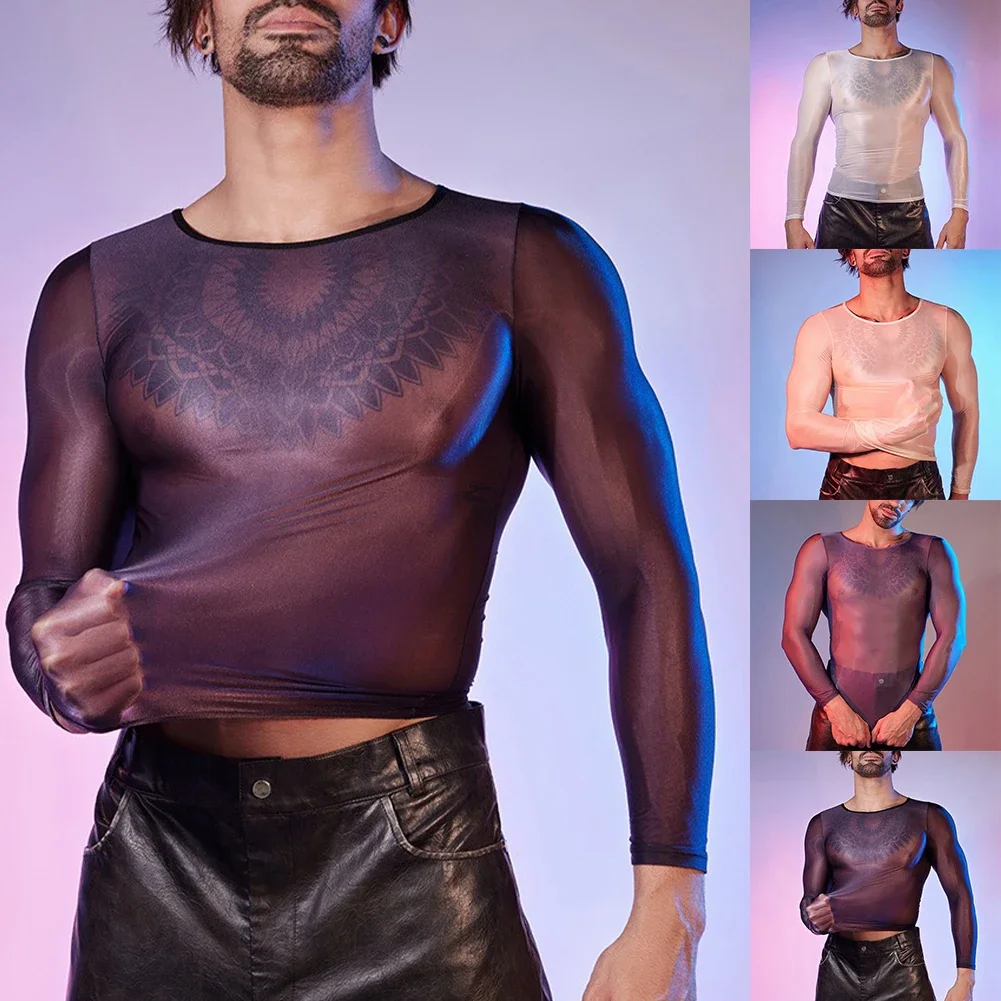 Men UnderwearEuropean And Men\'s Tight See-through Tops, High Elasticity, Breathable, Shiny, Sexy, Macho, Muscular, Sexy