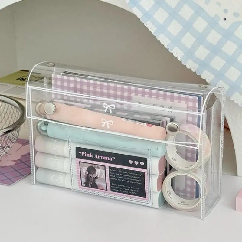 PVC Transparent Button Pencil Case Vertical Large Capacity Ins Style for Pen Holder and Cosmetic Organizer
