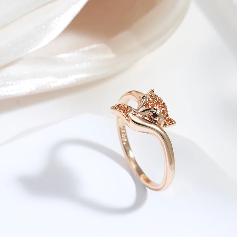 SYOUJYO Cute Red Fox Rings For Women Natural Zircon Paved 585 Rose Golden Animal Luxury Jewelry