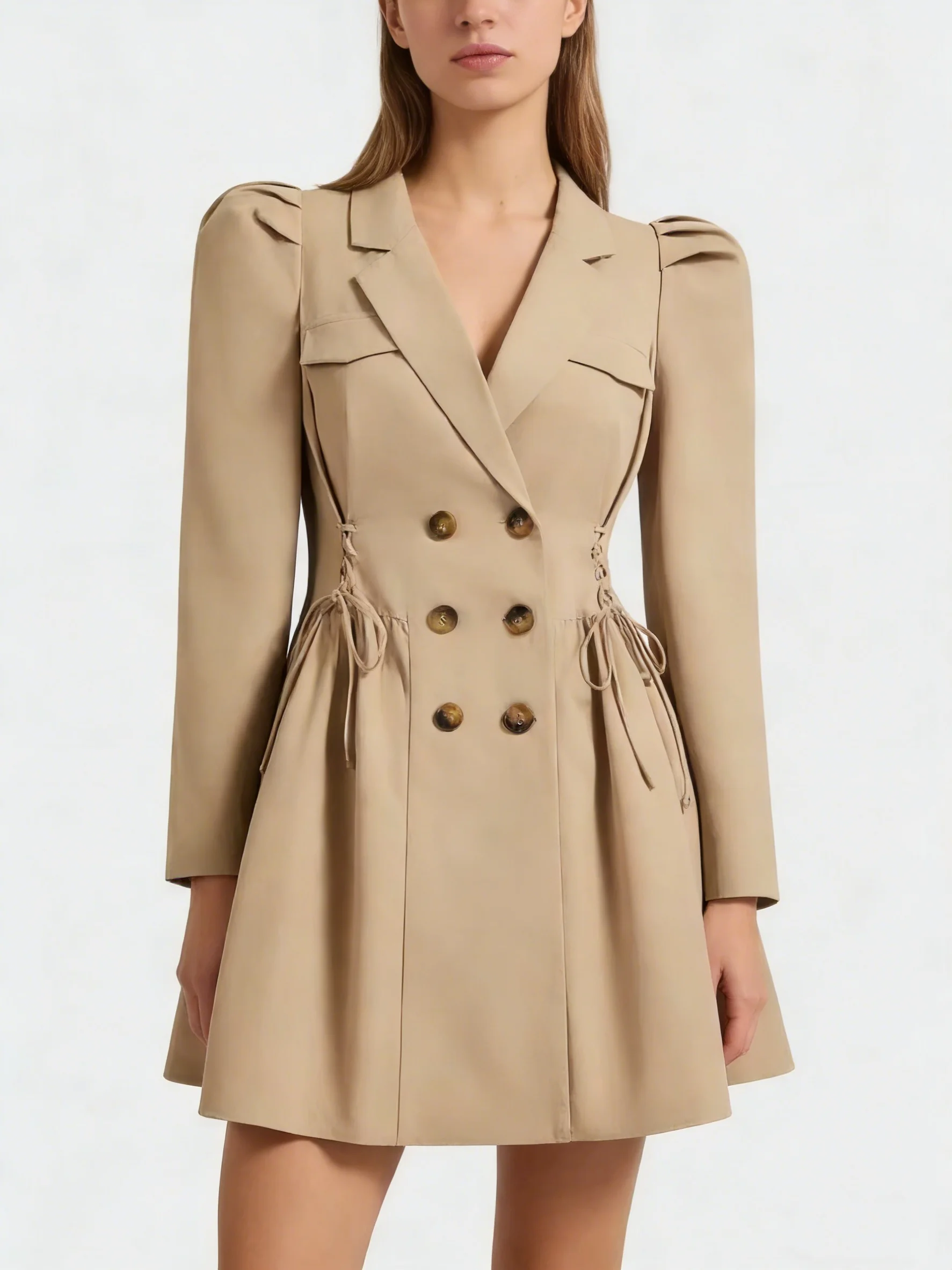 

Модная и элегантная женская ветровка большого размера цвета хаки с приталенной талией и пышными рукавами из Европы и Америки.