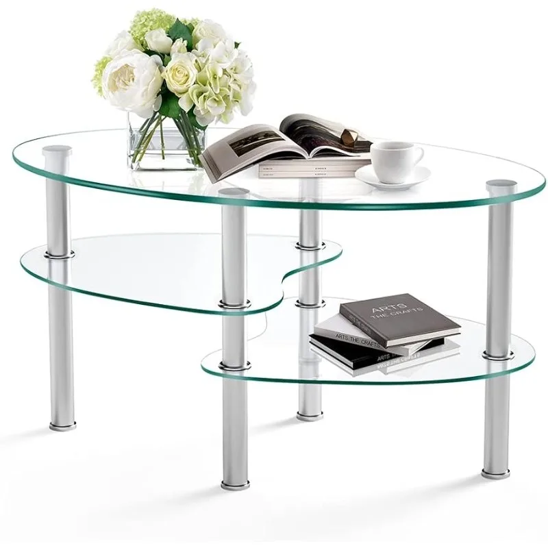 

Nidouillet 3 Tier Tempered Glass Table with Glass Shelves and Stainless Steel Legs, Oval-Shaped Coffee Table