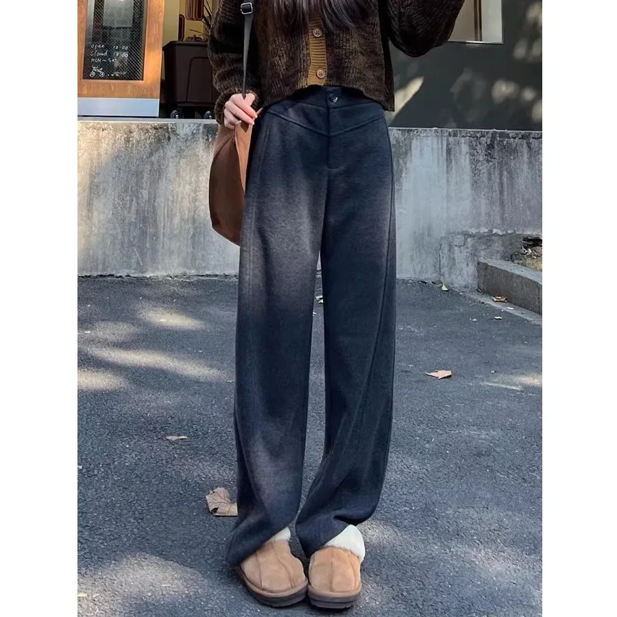 Calças Femininas de Perna Reta e Larga, de Lã, Cintura Alta, Compridas, Casuais, Outono Inverno, Estilo Coreano