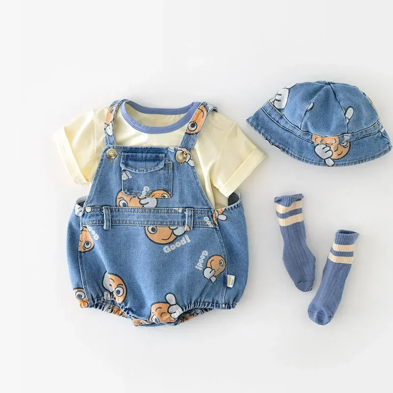 2PCS Summer Kids Baby Denim Bodysuit and Caps Suits One Piece Unisex Infant Boys Girls Soft Denim Clothing Jeans Jump Suits