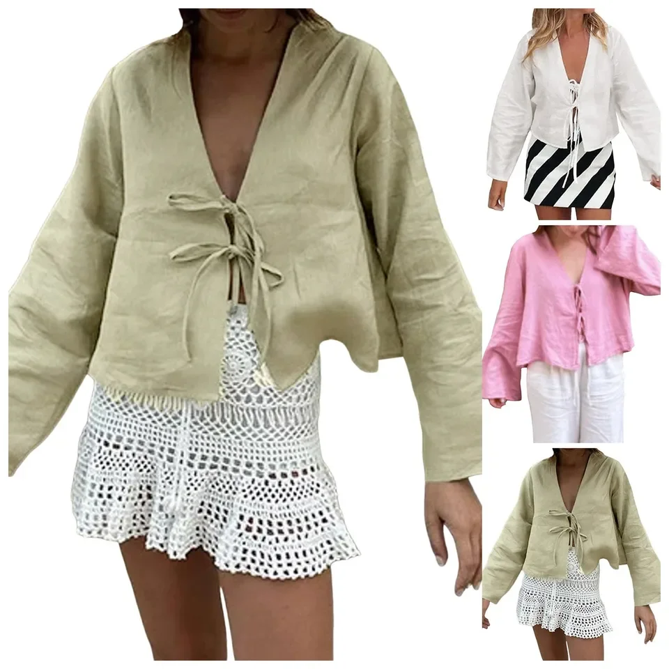 Damen-Sommer-Fest-Freizeithemd, Damen-Hemd mit Puffärmeln, Schößchen-Hemd, Krawatte vorne, Rüschenbluse, Teenager-Mädchen, Schnürung, süß, 2019