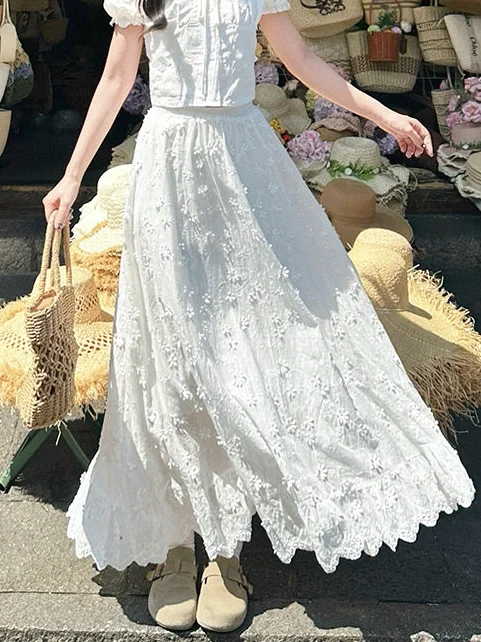 Romantic Style High Waist A-Line Skirt Women's Half-length Lace Trim Summer Beautiful Cake Skirt Breathable Skin-friendly Pol...