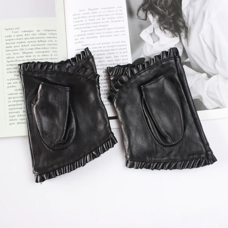 New women\'s Sheepskin Half Finger Gloves Leather Fashion Lace Style Warm Velvet Cool Silk Black Riding Driving Gloves