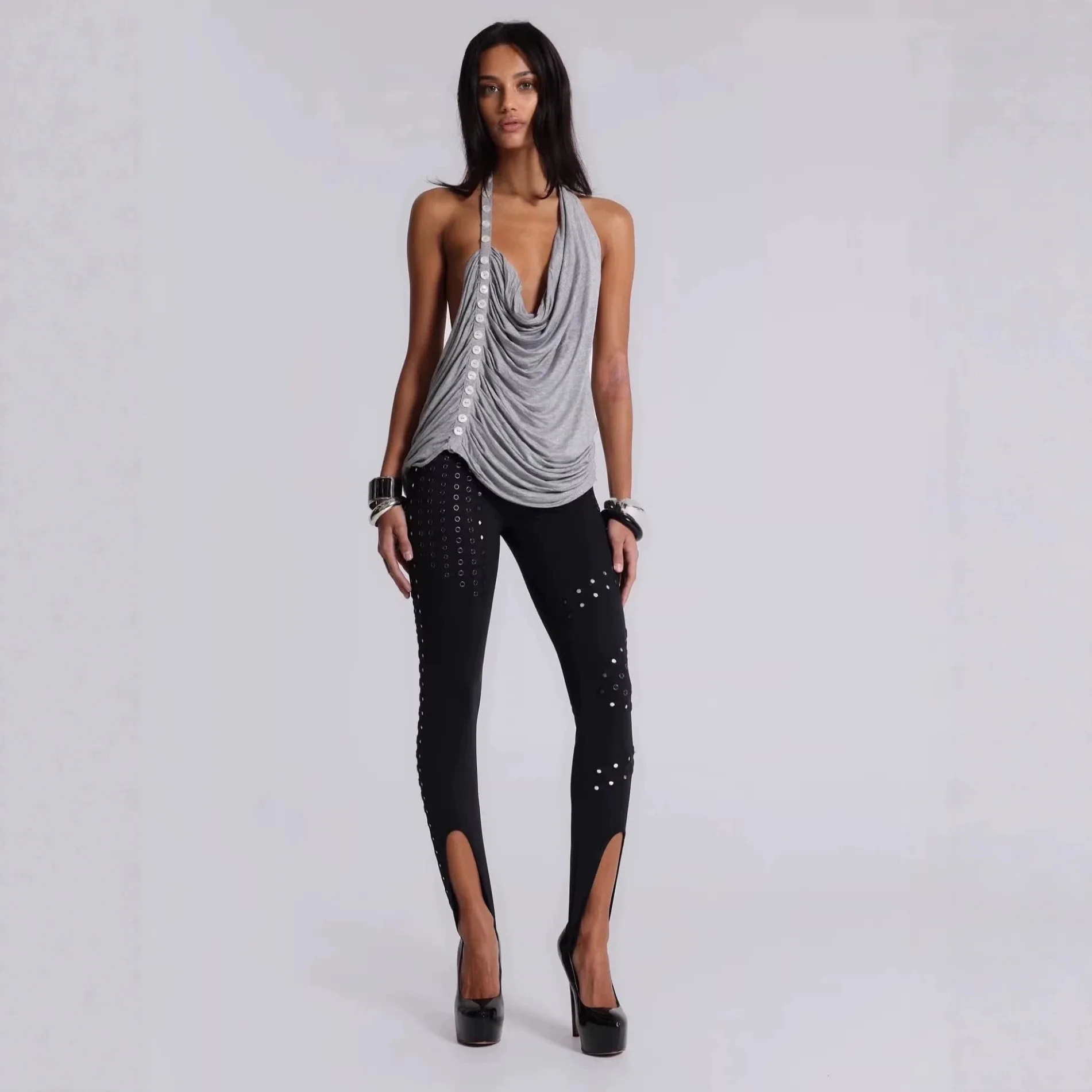 High Street Hanging Collar Halter Top Backless Tanks Women's Modal Swinging Collar Pleated Buttons Asymmetrical Tanks Tops