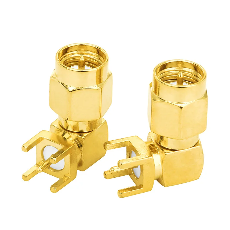 5 Stück SMA-Stecker rechtwinklig für Leiterplatten, 4-polig, Lötanschluss, 90 Grad, RF-Koaxialadapter – Detail 3