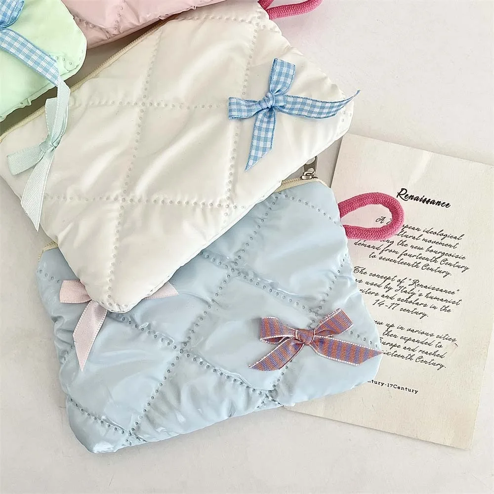 Mini sac de rangement monocouche pour tampons, ensemble de 2 pièces, tissu écossais cousu, nœud en coton, porte-monnaie pour bonbons, style coréen, pour poudres de maquillage