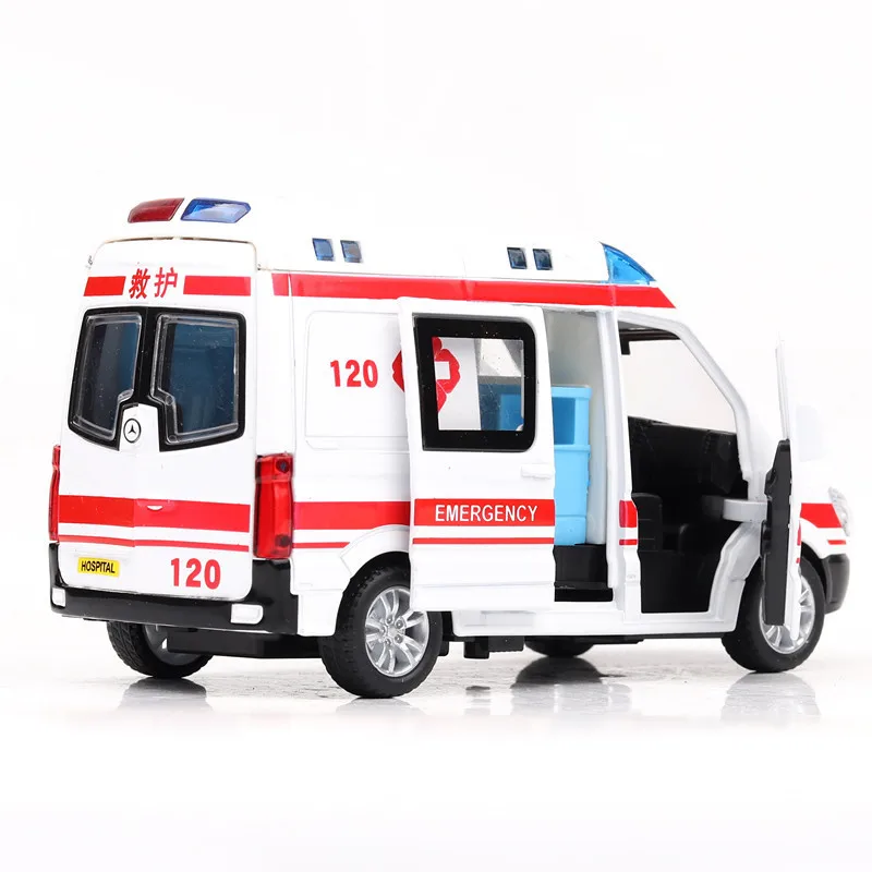

1:32 Ambulance Model Car Toys Alloy Diecast Vehicle Doors Opened Rubber Tire Sound Light Pull Back Gift
