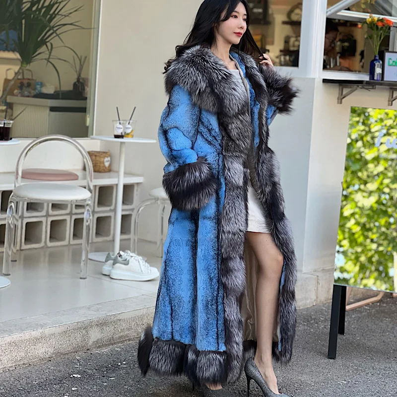 2023Women Real Rex Rabbit Fur Coats With Fox Lapel Collar Natural Whole Skin Genuine Fur Long Jackets Overcoat Winter