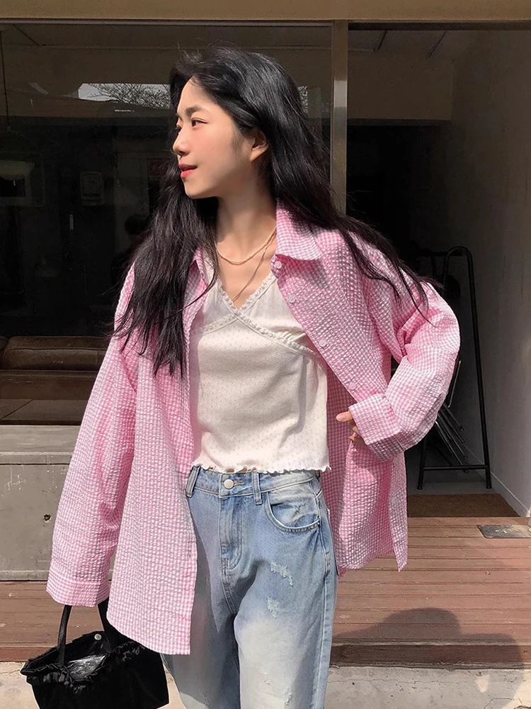 قميص نسائي أنيق بأكمام طويلة وواسعة مناسبة لفصل الخريف المبكر، بتصميم مربعات وطبعة فقاعية، أسلوب كوري مريح مع أزرار، مثالي لل... #4