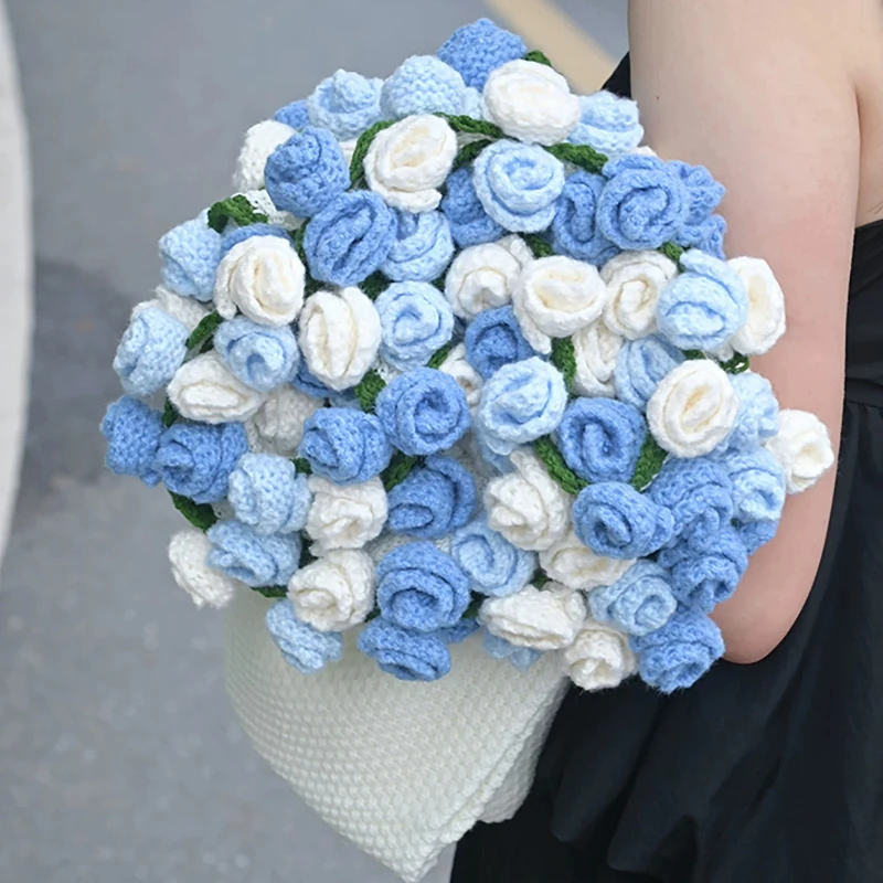 

Blue Rose Knitted Bouquet Blanket, Handmade Crochet Sofa Cover, Everlasting Artificial Bridal Flower, Valentine's Day Gift