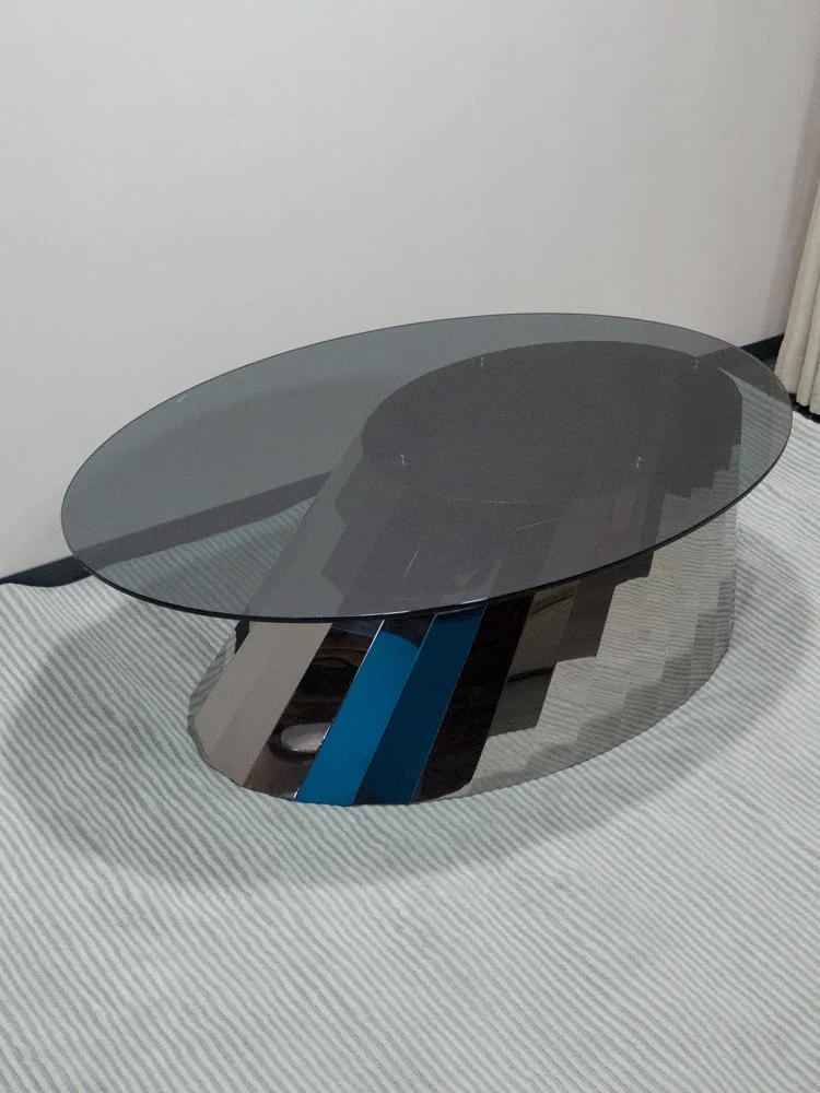 Light Luxury High Sense Modern Designer Art Three-Dimensional Oval Shaped Stainless Steel Glass Italian Side Table