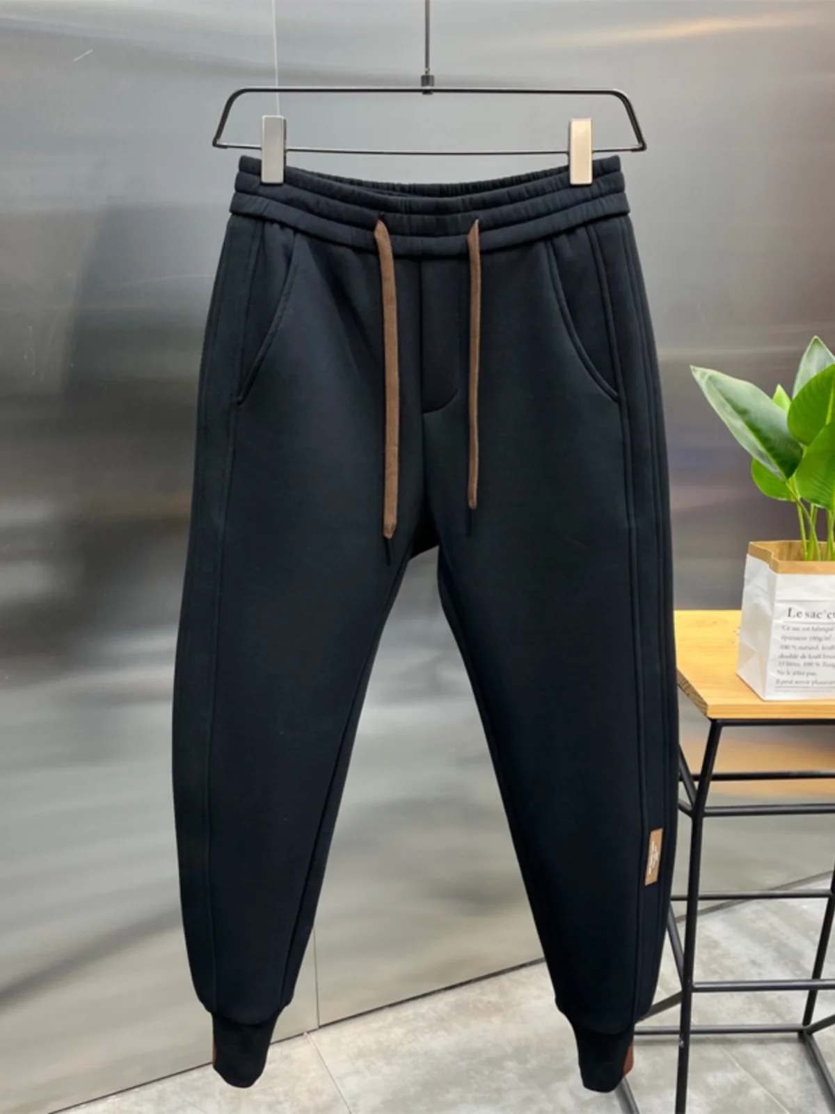 

High-End Men's Fce Lined Thiened Casual Pants Autumn Winter Bla Trendy Sports Sweatpants Youth Active Sle Long Trousers