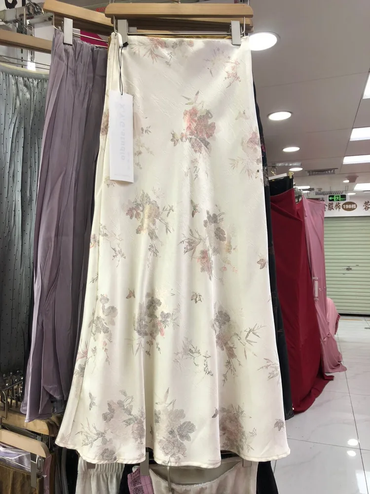 Neuer 2026 Damen Sommer Eleganter Goldgeprägter Bedruckter Satin-Rock Chinesischer Stil Bodycon Fishtail Langer Rock