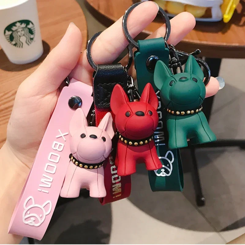 Men's Car Punk French Bulldog Keychain PU Leather Dog Keychains Fashion for Women Bag Pendant Jewelry Trinket Key Ring Key Chain