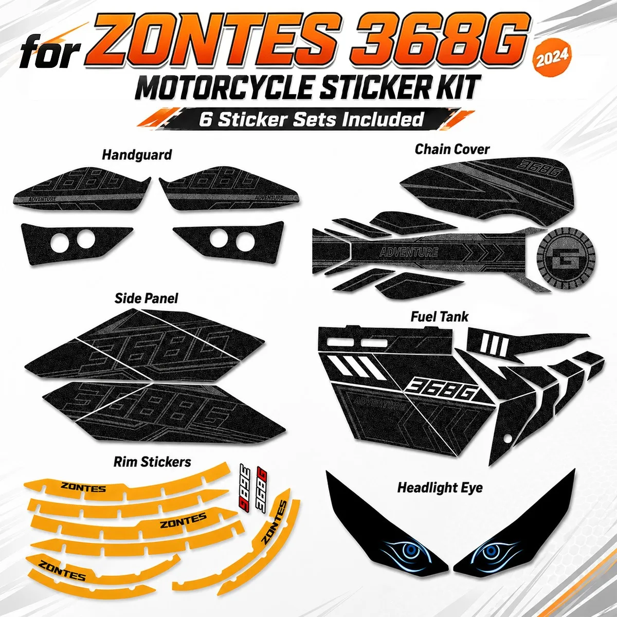 

6 in 1 Motorcycle Sticker for ZONTES 368G 2024 Handguard Chain Guard Fuel Tank Wheel Rim Headlight Eye Decor Accessories Decal