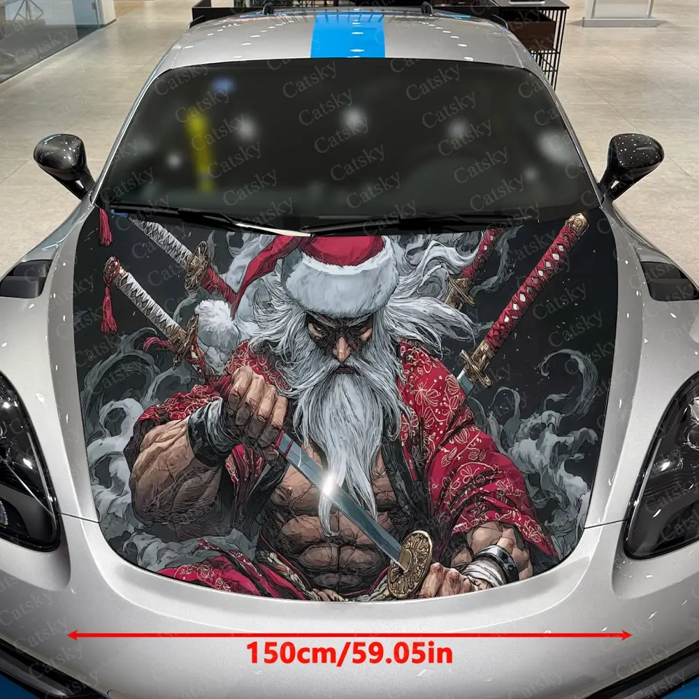 Santa Warrior Holding Multiple Blades Car Vinyl Wrap, PVC Waterproof Car Hood Sticker, Self-Adhesive Scratch-Resistant Stickers