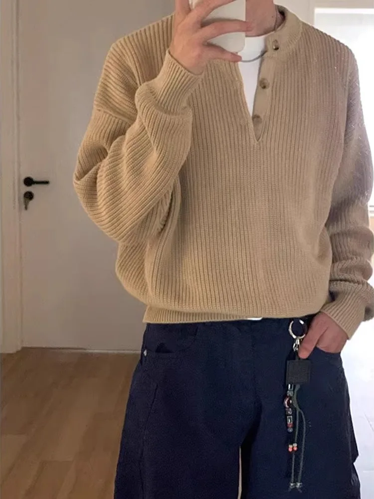 

Мужской вязаный свитер Cleanfit в американском ретро-стиле с воротником хенли, базовый, повседневный, зимний, с длинным рукавом, круглым вырезом