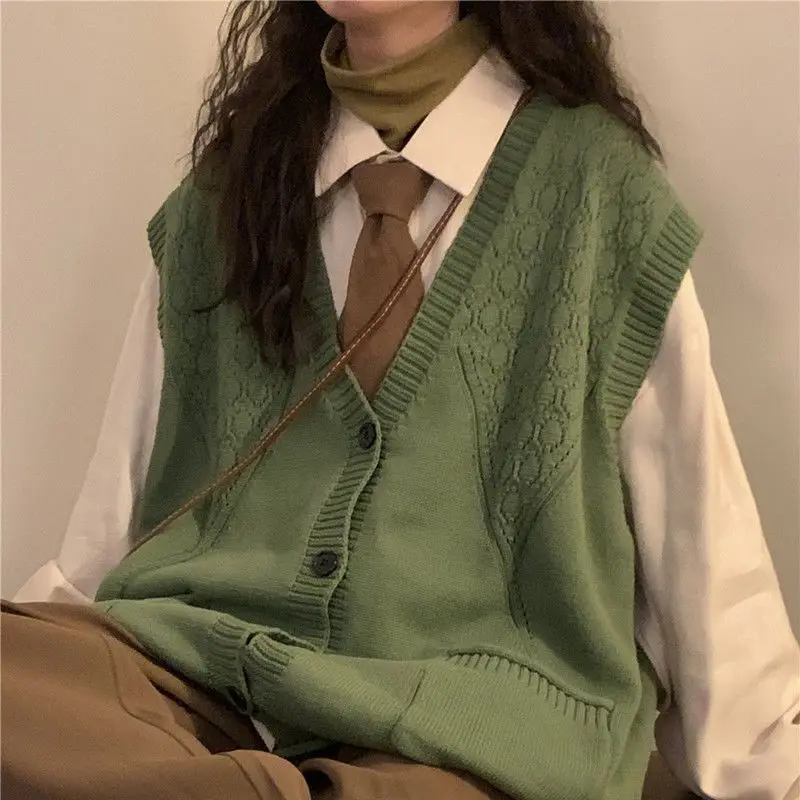 Sweater Vest Women College Japanese Vintage Loose Black Simple Knitting Students Trendy Autumn Elegant All-match Leisure Clothes