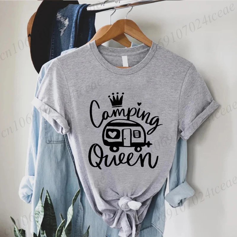 

Camping Queen T-shirts for Women Clothing Summer Tee Shirt Femme Casual Queen Short Sleeve Camping Round Neck Tee Tops T-shirts