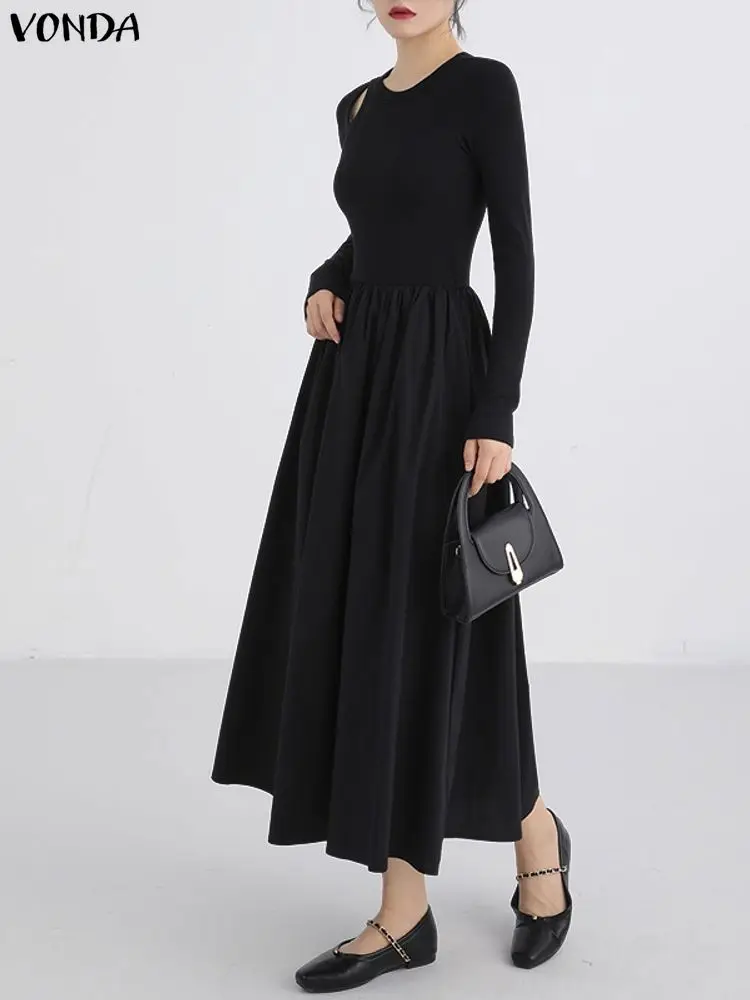 Fashion Vestisos VONDA Elegant Women Office Lady Long Dresses Autumn Long Sleeve Hollow Out Sexy 2025 Solid Patchwork Midi Robe