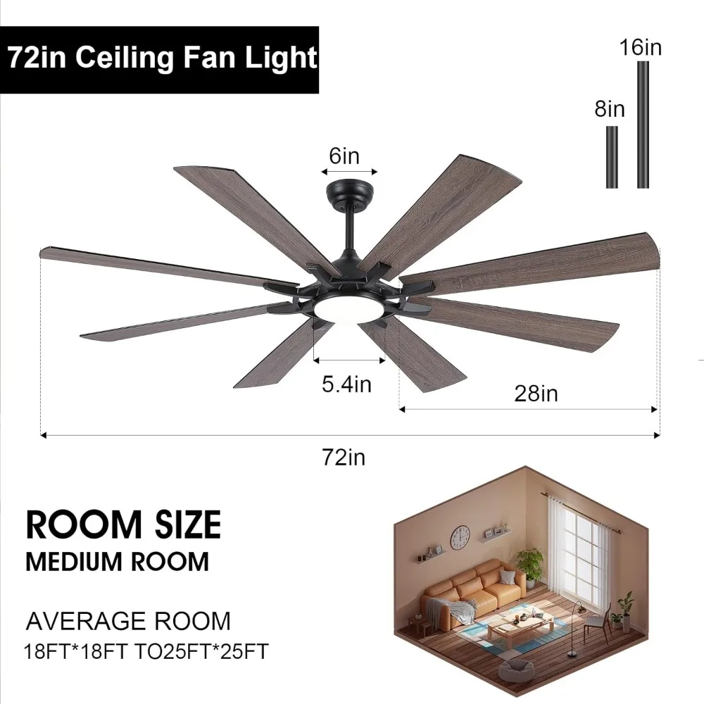 72inch Large Ceiling Fan with Light and Remote, Indoor/Outdoor Black Fan Lights for Patios, Led Living Room Modern Ceiling Fan