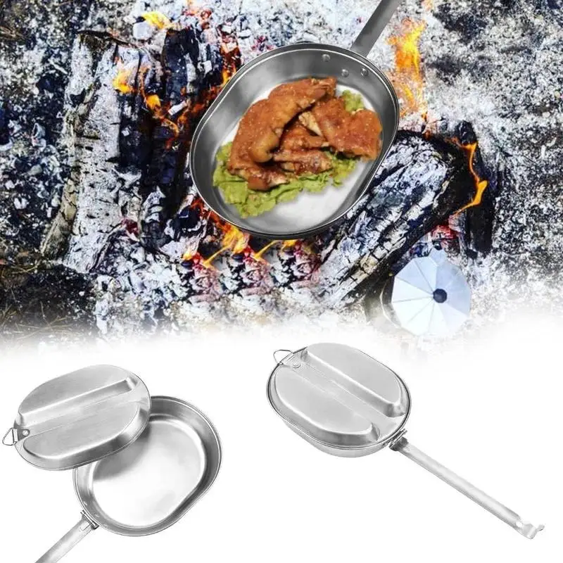 1pc Portable Outdoor Lunch Box Long Handle Oval Stainless Steel Camping BBQ Cookware