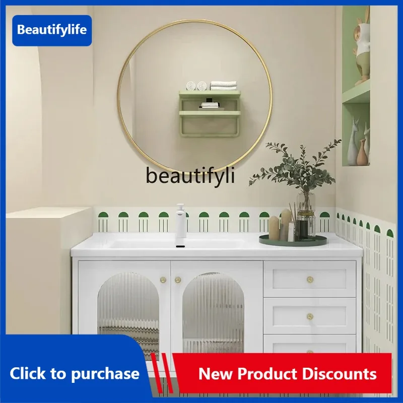 C85 French Bathroom Cabinet Ceramic Whole Washbin Washstand Solid Wood Light Luxury Bathroom Hand Washing Combination round Mirr