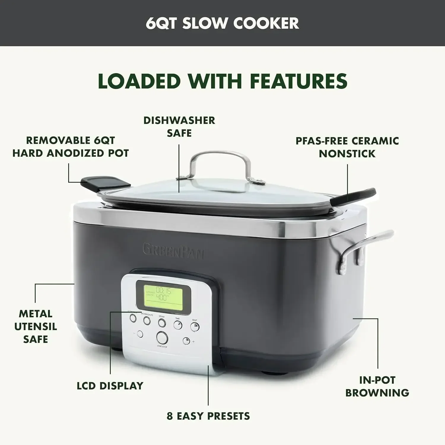 Greenpan Elite 8-in-1プログラム可能な電気スロークッカー,6qt,食器洗い機の安全蓋,取り外し可能な岩,健康的なセラミック,pfasなし