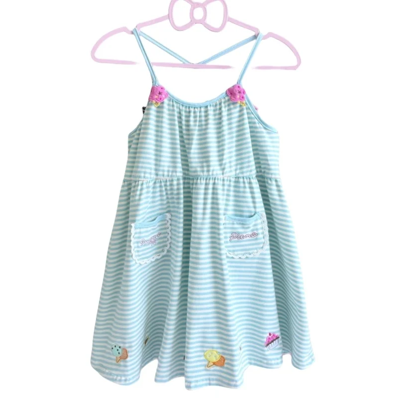 Cute Cotton Embroidered Dress Women's Sweet Suspender Striped Dress Vestidos De Mujer Backless Cartoon Striped Summer Dresses