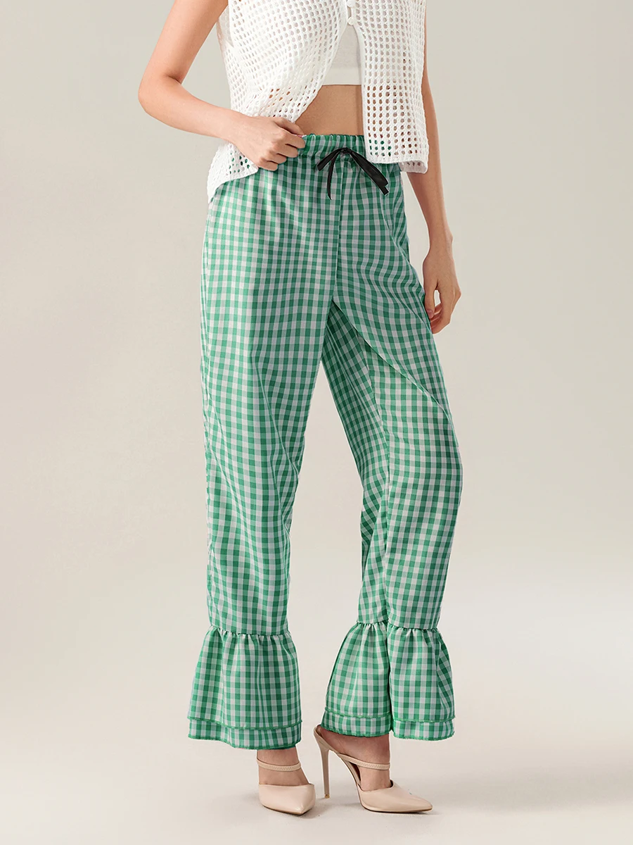 Women Y2k Plaid Flared Pants Tiered Ruffled Legs Bow Elastic Waistband Full Length Pull-On Trousers for Spring Fall