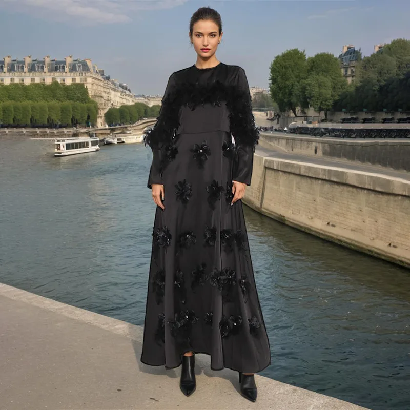 

European and American temperament elegant long dress new splicing feathers flower temperament slim and thin dress fashionable si