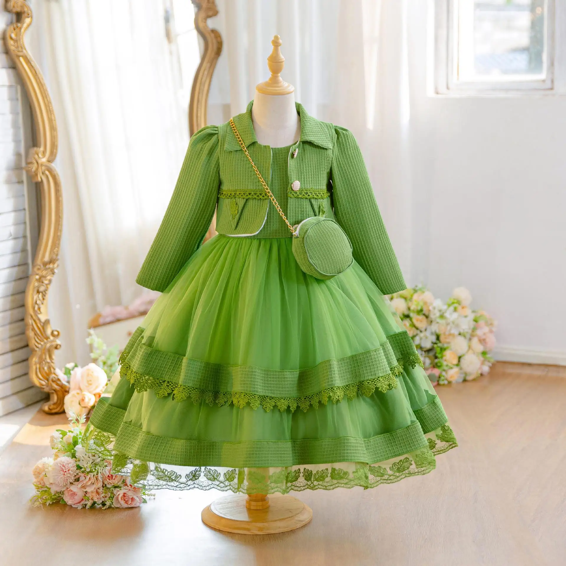 HETISO Kids Girl Party Dresses + Bag Plaid Lace Children Birthday Princess Wedding Ball Gown Baby Long Sleeve Gift 3-9 Years