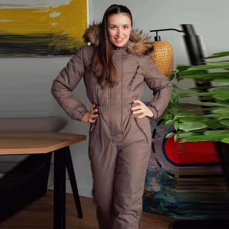 Ski-Overall mit Kunstfellkragen, tailliert, für Damen, sportlich, mit Kapuze, Laternenärmeln, Reißverschlüssen, schmal geschnitten, Winter-Skibekleidung für Damen – Detail 25