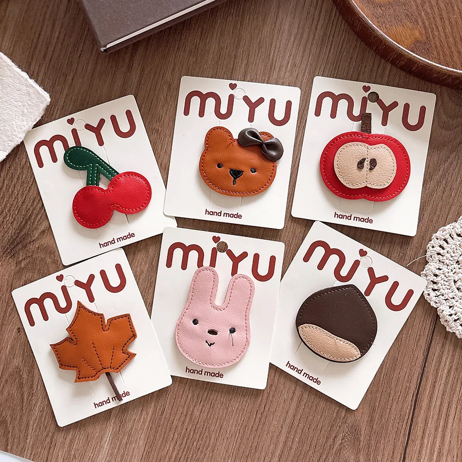 

Autumn Winter Leather Cute Cartoon Cherry Kids BB Clips Girls Side Bangs Hair Clips Mother Daughter Hair Accessories