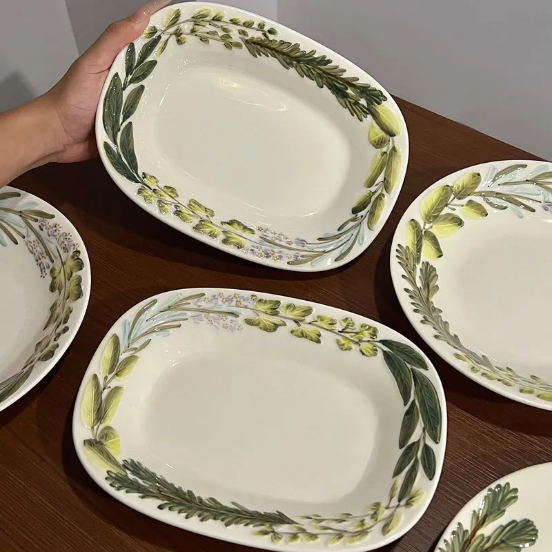 Nordic Ins Hand-painted Plants and Flowers Ceramic Tableware Set Kitchen Dining Table Hotel Rice Bowl Fish Plate Home Decoration